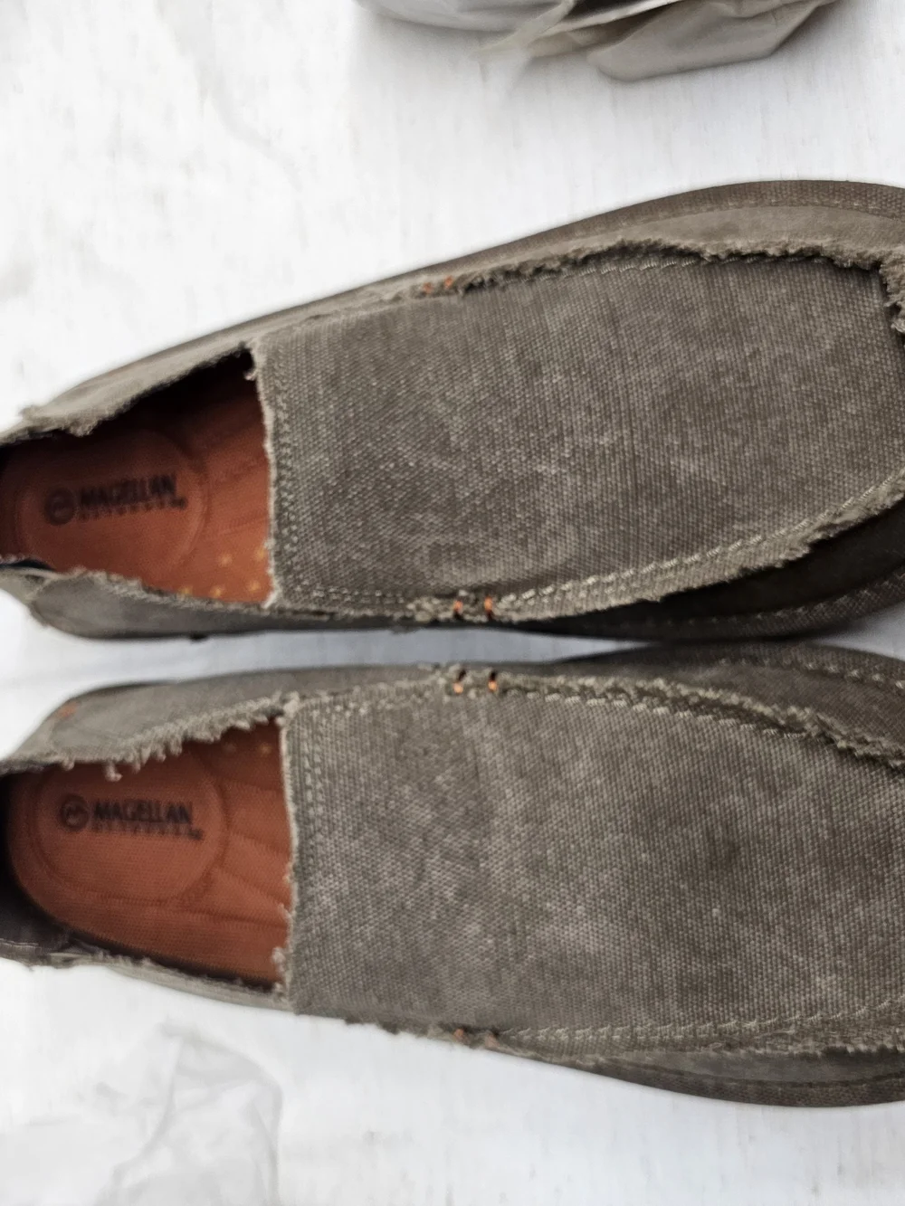 Magellan Outdoors Men's Canvas Slip-On Loafers in Olive Green with Orange Insole